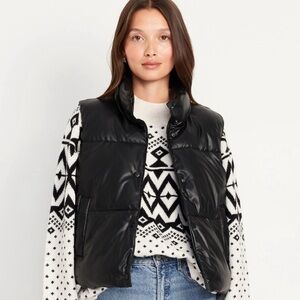 NWT! Old Navy Black Faux-Leather Puffer Vest - XS petite